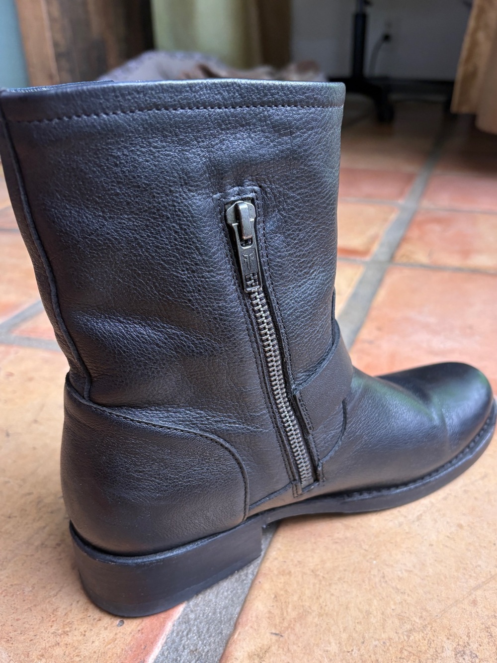Frye Black Leather Double-Buckle Moto Boots, Size 8 - Picture 6 of 9